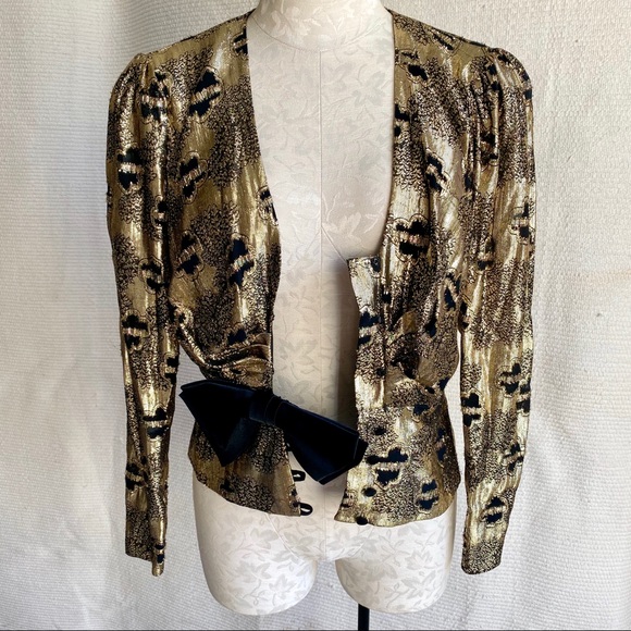 Vintage 60s 70s Metallic Top S Disco Party Blouse Black Gold Print - Picture 6 of 8